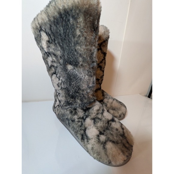 Unbranded Shoes - Faux Fur Animal Print Tall Slipper Boots Grey Cream Fleece Lined Size 8